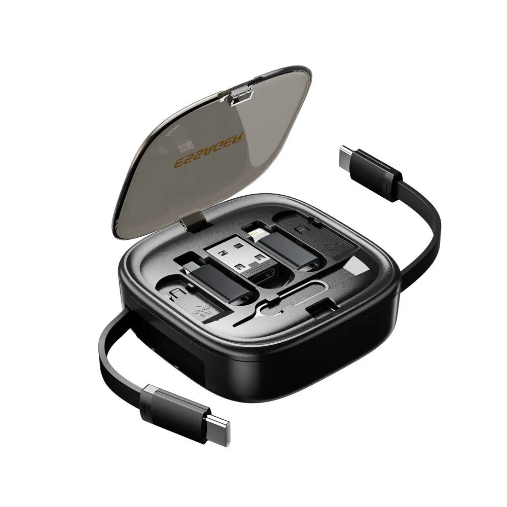 60W fast charging cable storage box in black, with adjustable 0.5-1m cable and multi-interface support
