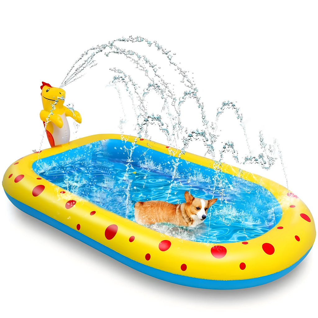 Blue dinosaur inflatable water spray pool measuring 170x105x65cm for outdoor children's play