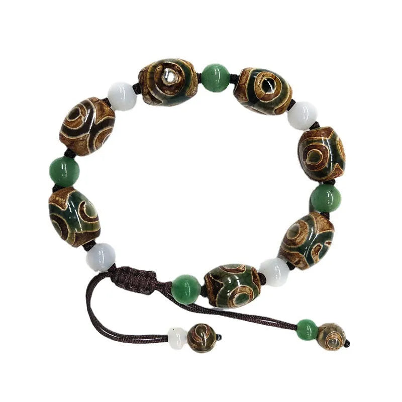 Green agate Tibetan beads bracelet with three-eye design and geometric ethnic patterns