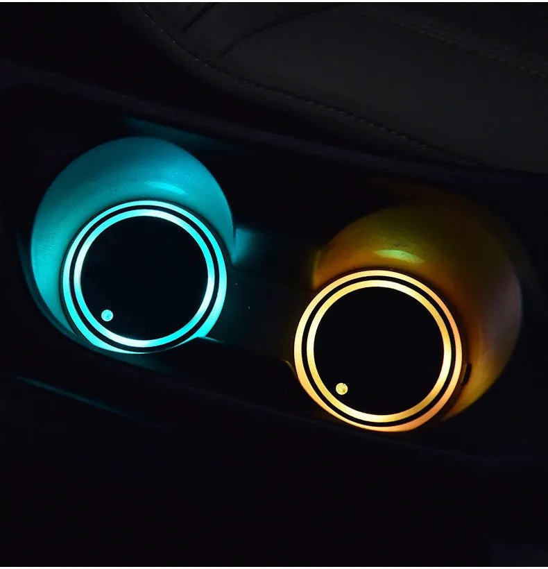 Car cup holder LED light coaster showing 68mm diameter and seven colour lighting options