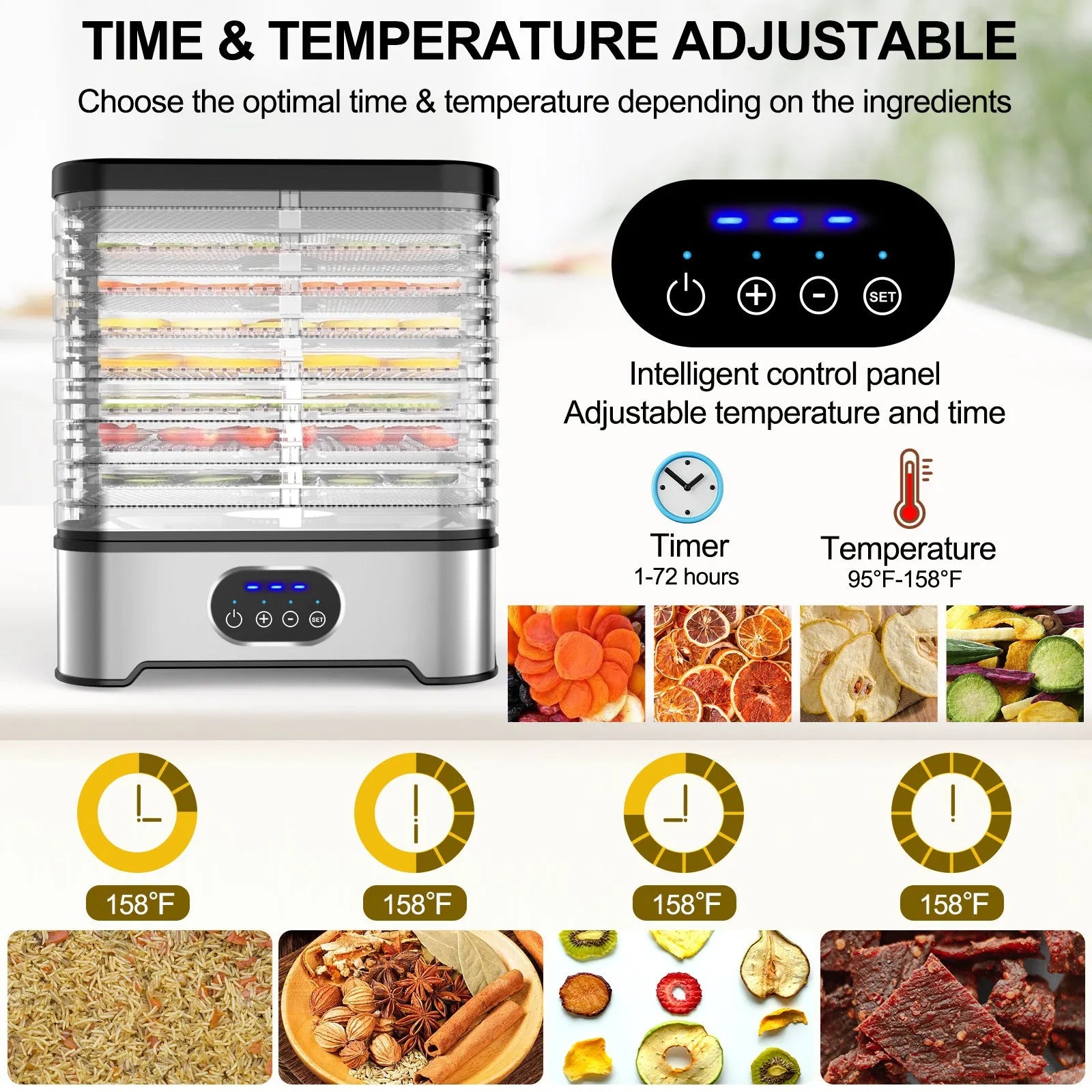Silver or red household food dehydrator with 8 drying trays, collapsed for storage at 29cm height