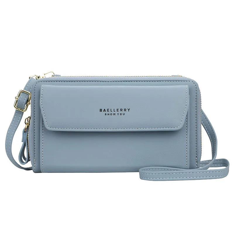 Red soft PU leather ladies wallet with double zippers, shown as a diagonal messenger bag.