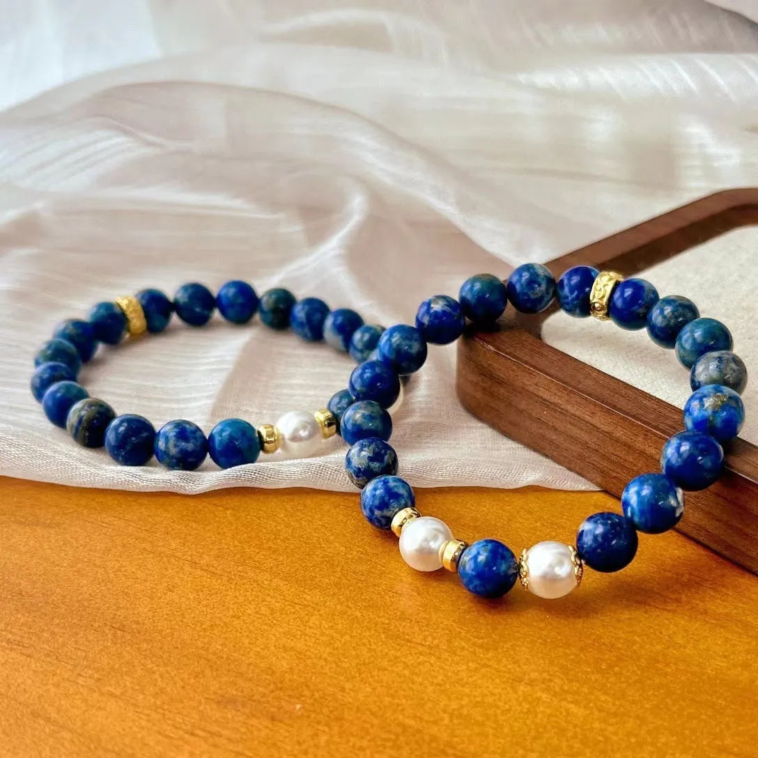 Chinese style lapis lazuli bracelet with green gold stone elements and artistic retro design