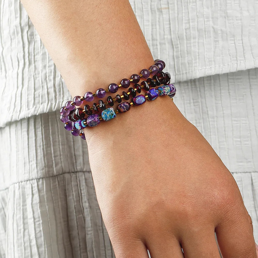 Purple amethyst round bead bracelet with geometric garnet accents, handmade stone jewellery