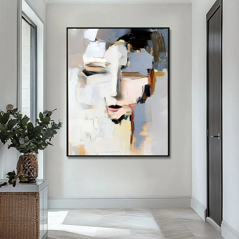 Hand-painted abstract woman portrait oil painting on canvas, modern black and white, vertical orientation