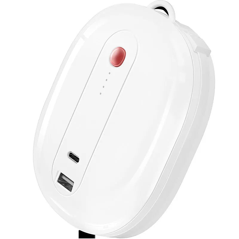 White and black power bank with built-in wall plug showing 10000mAh capacity and aluminium shell construction