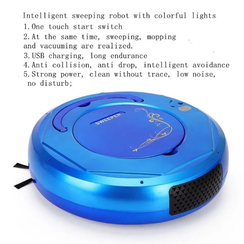 Lazy Smart floor sweeping robot vacuum cleaner in blue, black, or white colour on a hard tile floor