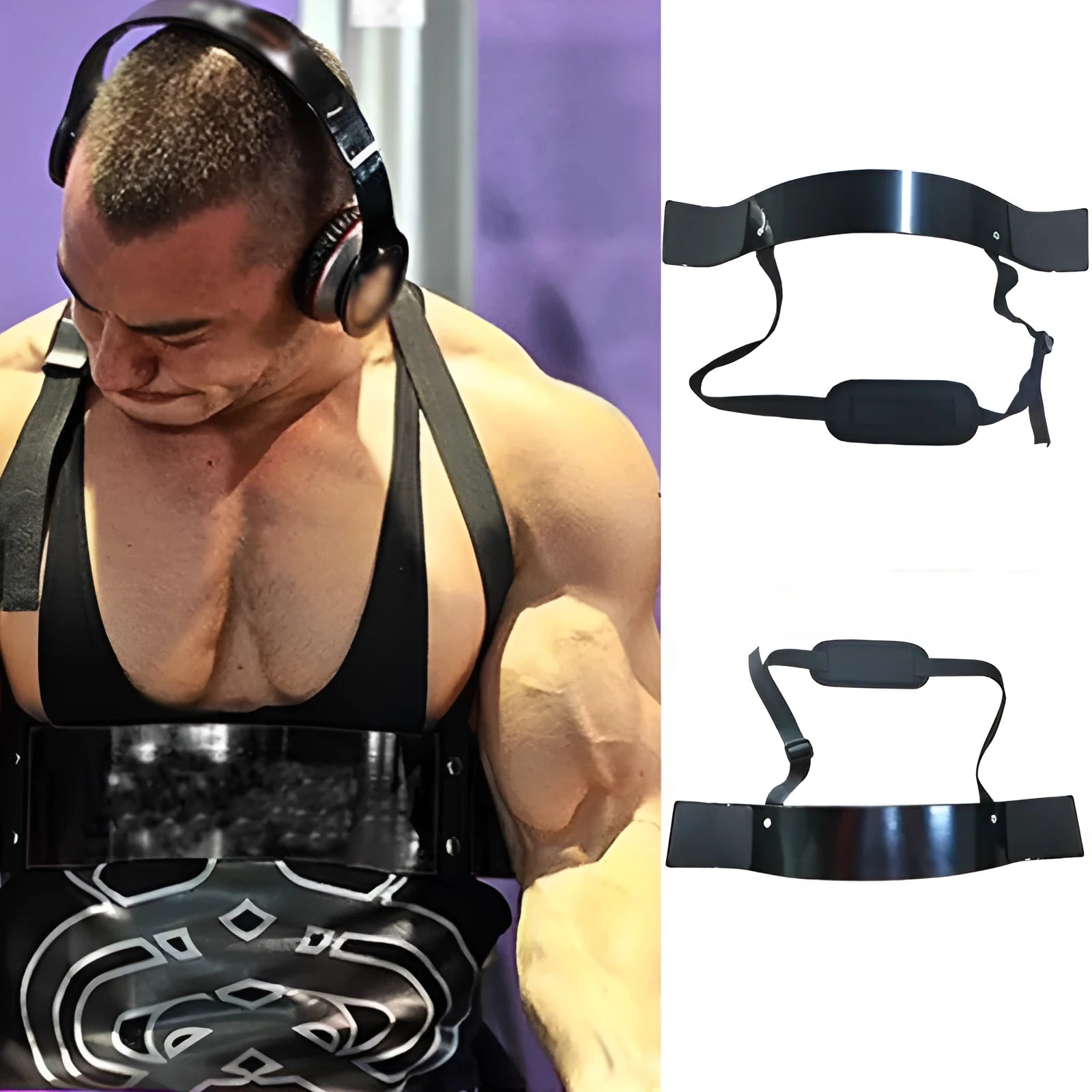 Black aluminum alloy biceps training board with nylon straps and elbow pads, 580x900mm