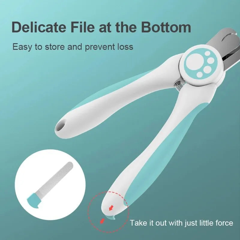 Blue and white pet nail clippers for dogs and cats with safety lock and file.