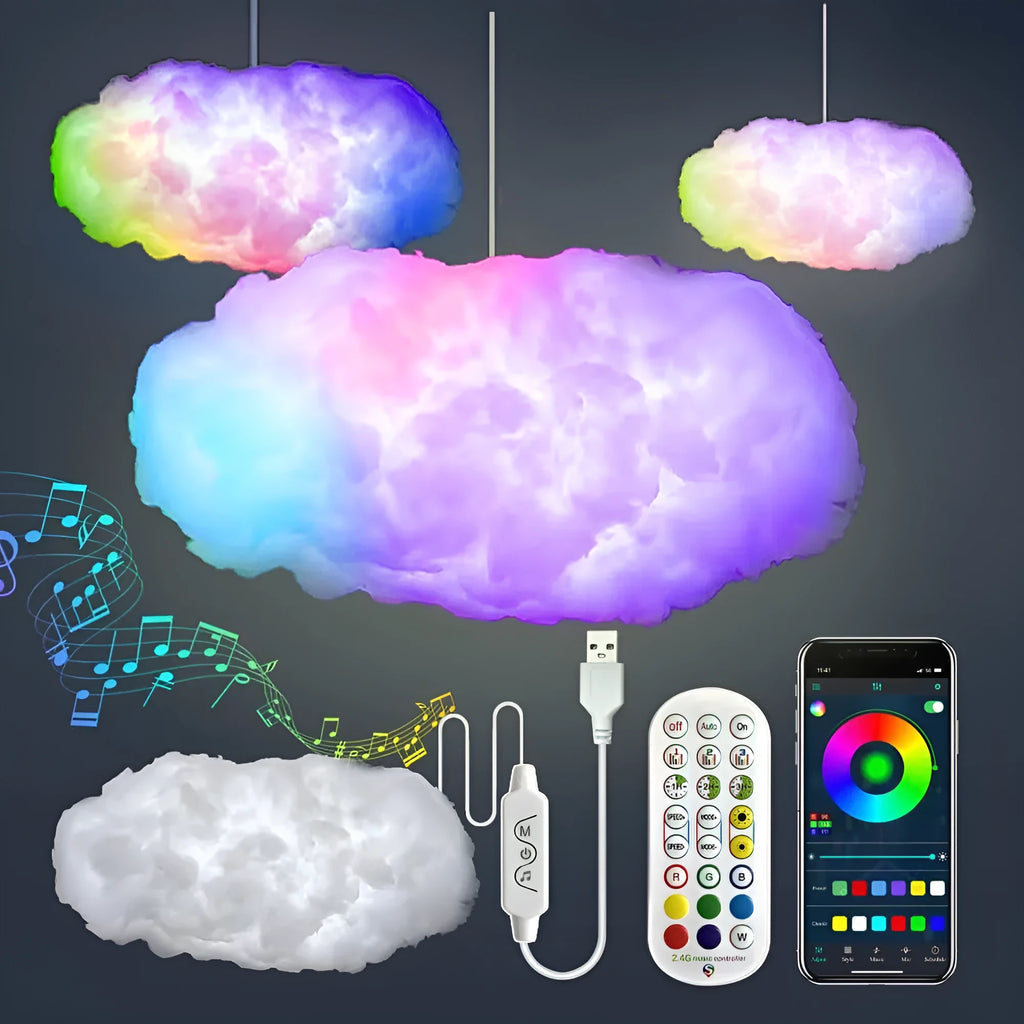White fabric cloud-shaped LED pendant lamp with colourful lighting effects