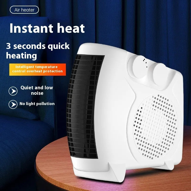 White compact ceramic electric heater with dual power settings for desktop use