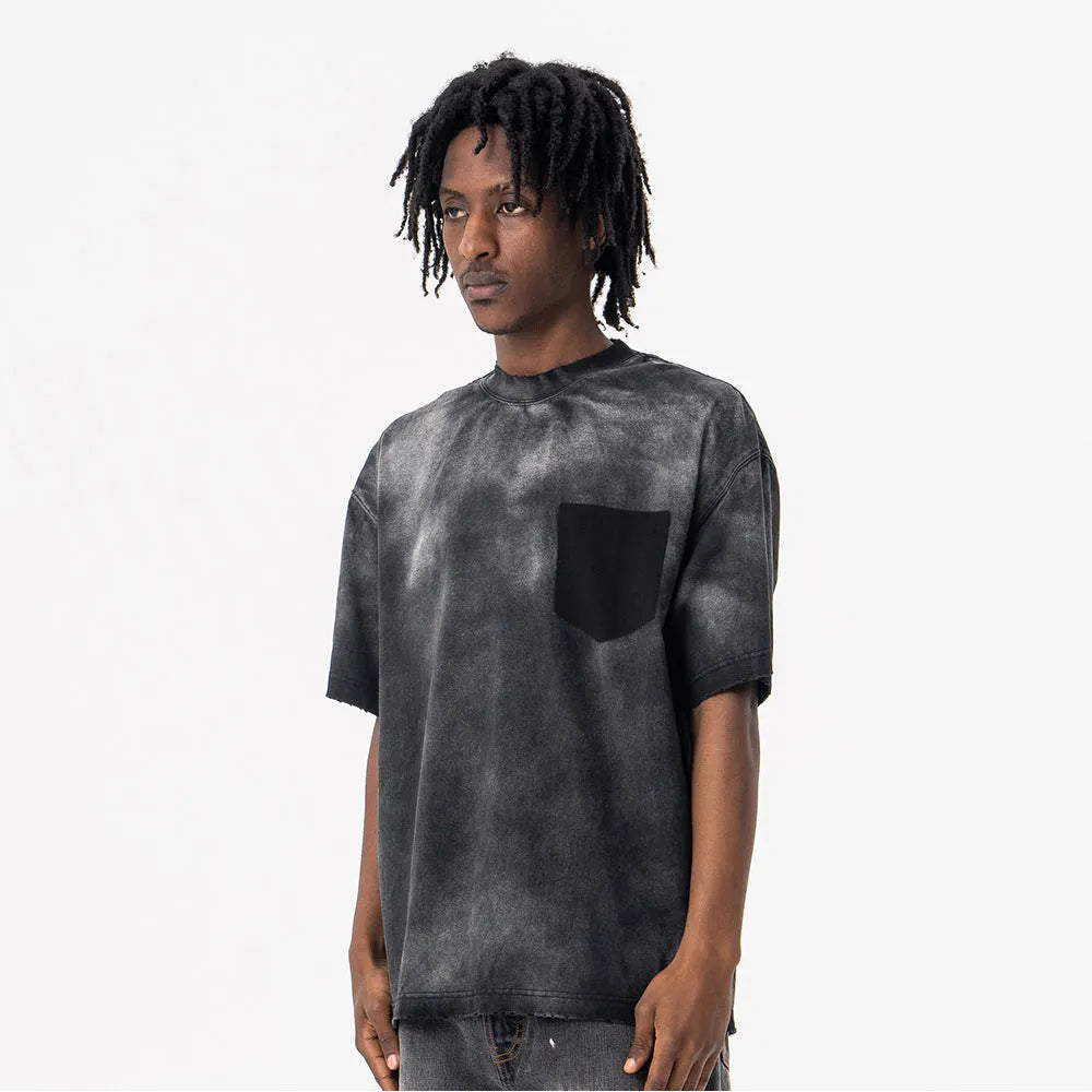 Black men's t-shirt with printed letters, loose fit and drop-shoulder sleeves in washed cotton fabric