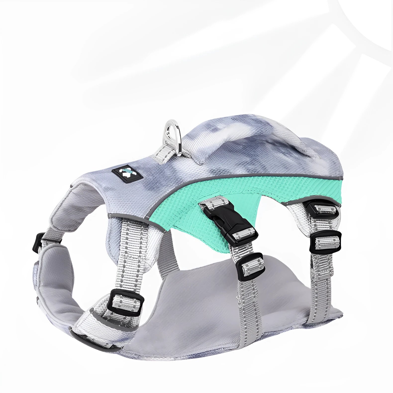 Light blue reflective pet harness chest strap with adjustable clips on a grey background