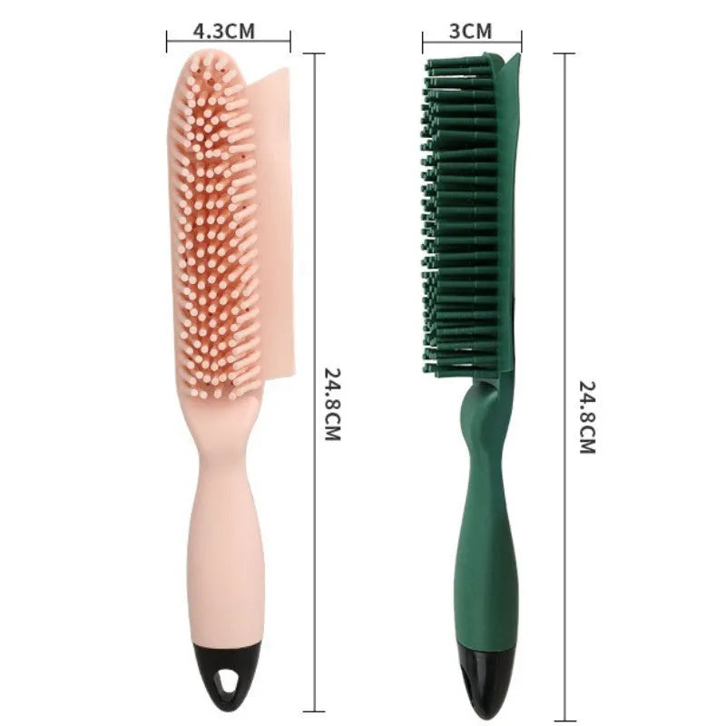 Green dog brush with pet hair remover and massage function next to wool sticker for fabric cleaning