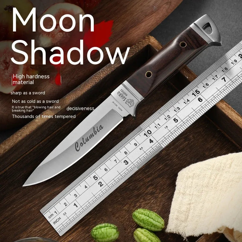 Camping portable fruit knife with stainless steel blade and brown leather case.