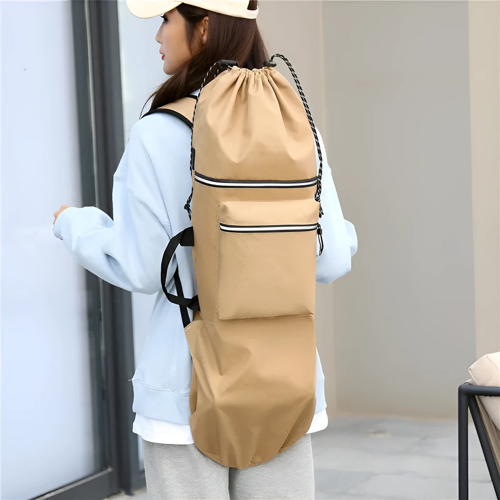 Lightweight nylon skate bag in black, open to show large 20-35 litre capacity.