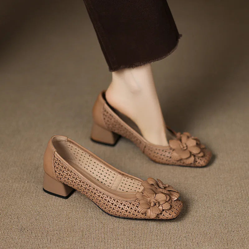 Light brown women's leather pumps with a hollow weave design and a mid-height heel.