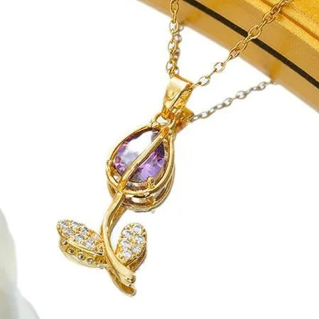 Women's adjustable zircon tulip necklace with copper-plated gold pendant on titanium steel chain.