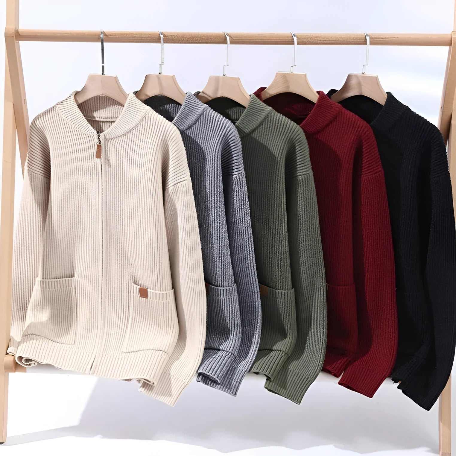 Men's beige straight cut cardigan jacket made from polyvinyl alcohol fibre blend for leisure wear.