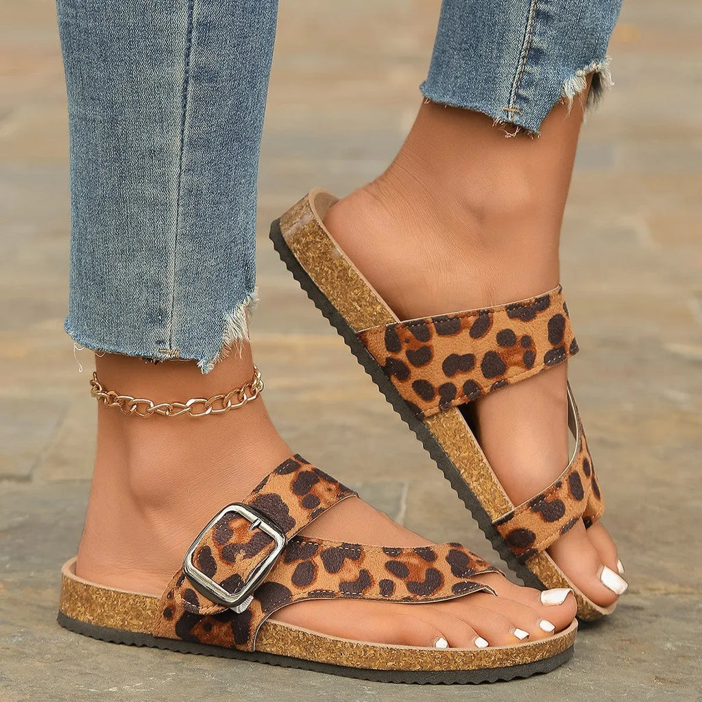 Leopard print Roman style slippers with toe covering design and wooden sole