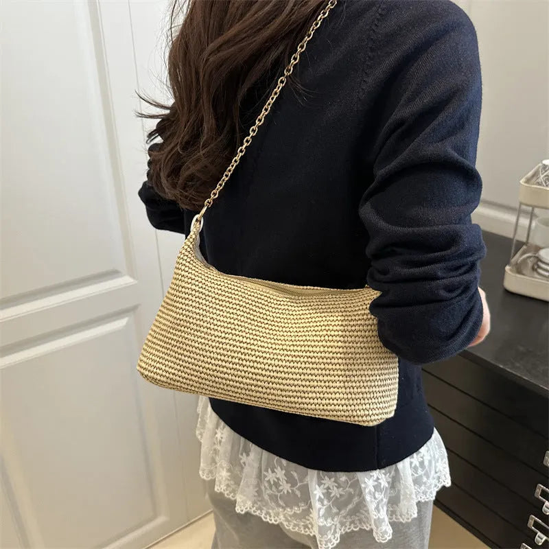 Straw woven shoulder tote bag in horizontal square shape with sandwich pocket and mobile phone compartment