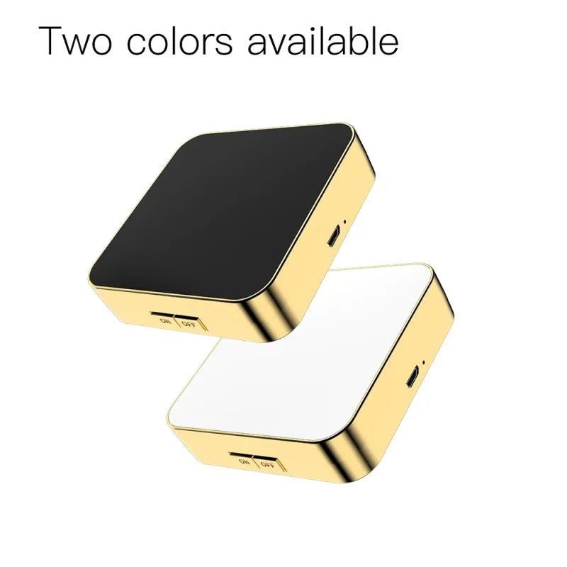 Black and white lighted makeup mirror with 4x magnification panel, HD mirror, and adjustable LED lights.