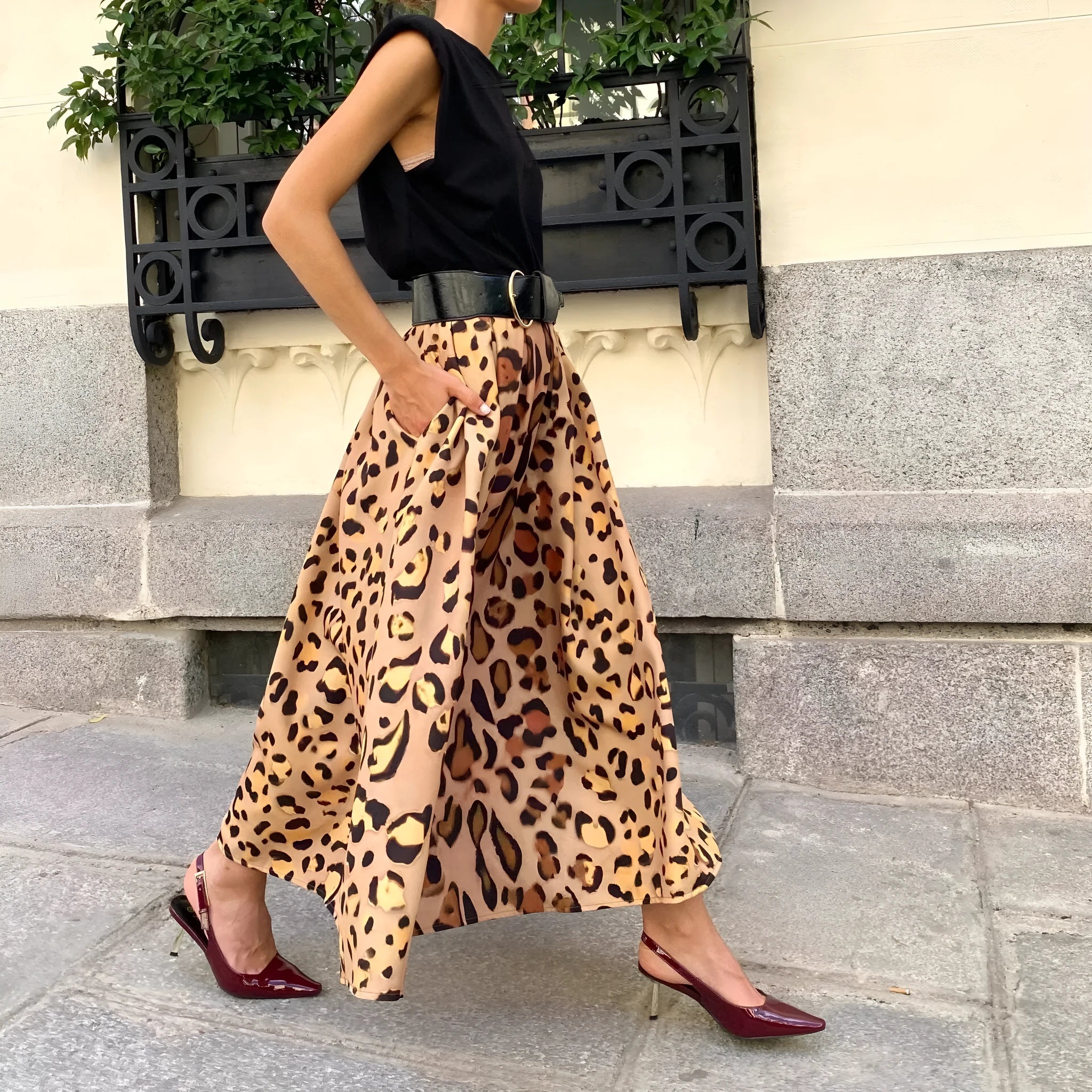 Brown leopard print women's A-line long skirt with big hem detail