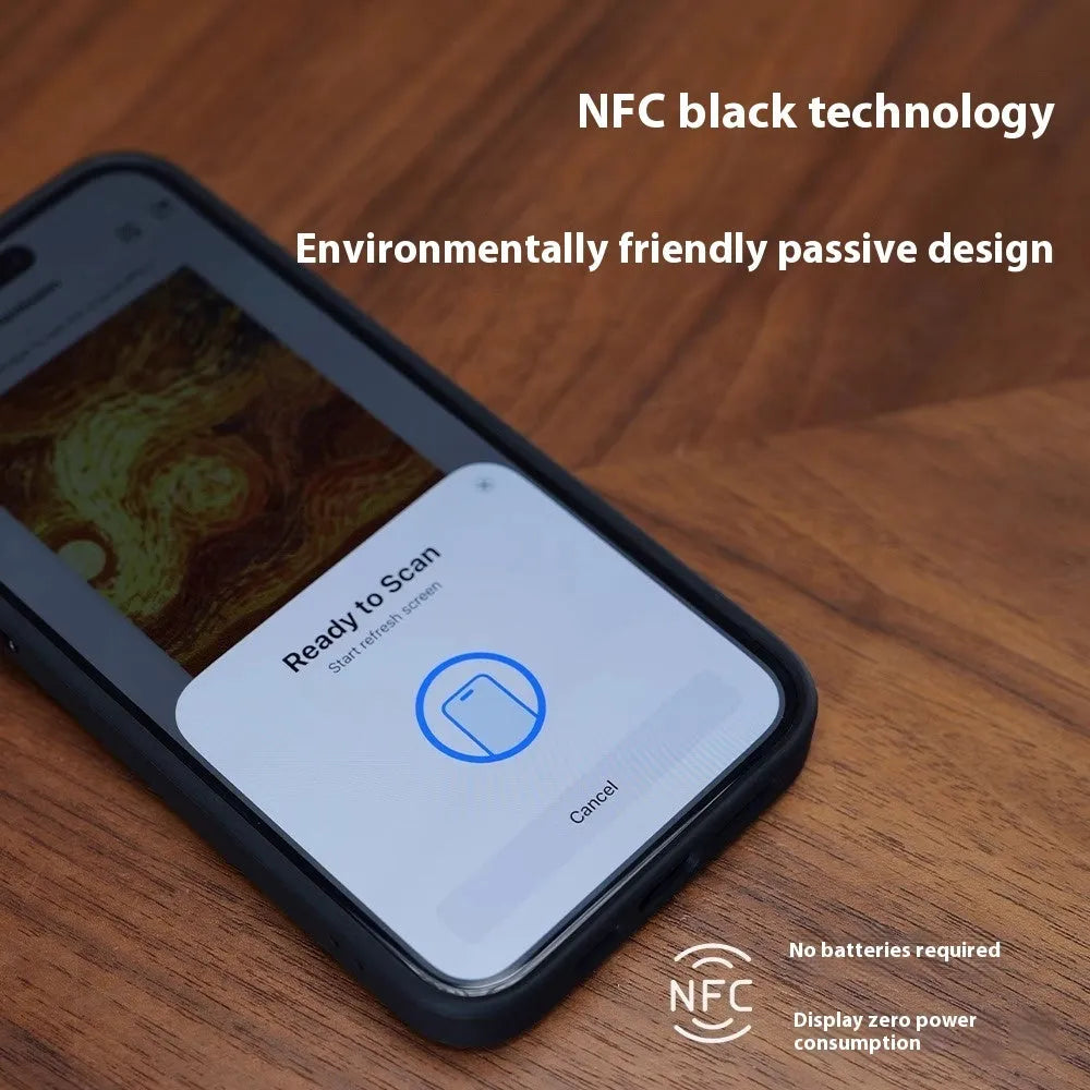 Graphite black TPU phone case for iPhone with NFC projection screen and four-colour E-ink display bracket.