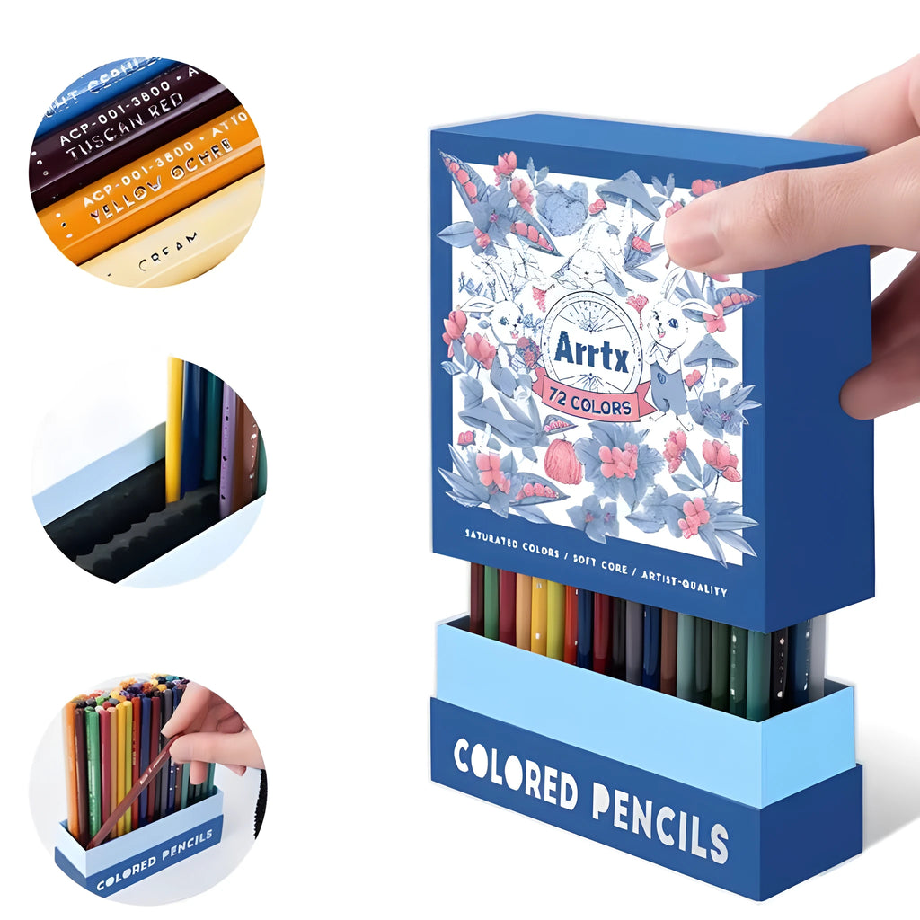 Boxed set of 72 soft core coloured pencils with basswood barrels for art drawing and painting