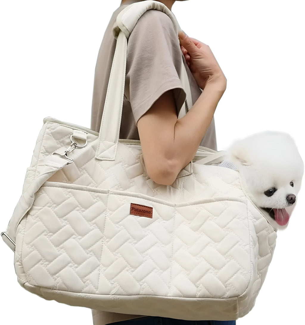 Grey and white pet carrier handbag with mesh panels and multiple pockets for cat or small dog transport