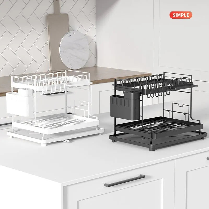White double-layer kitchen storage rack with removable draining base showing utensil organisation