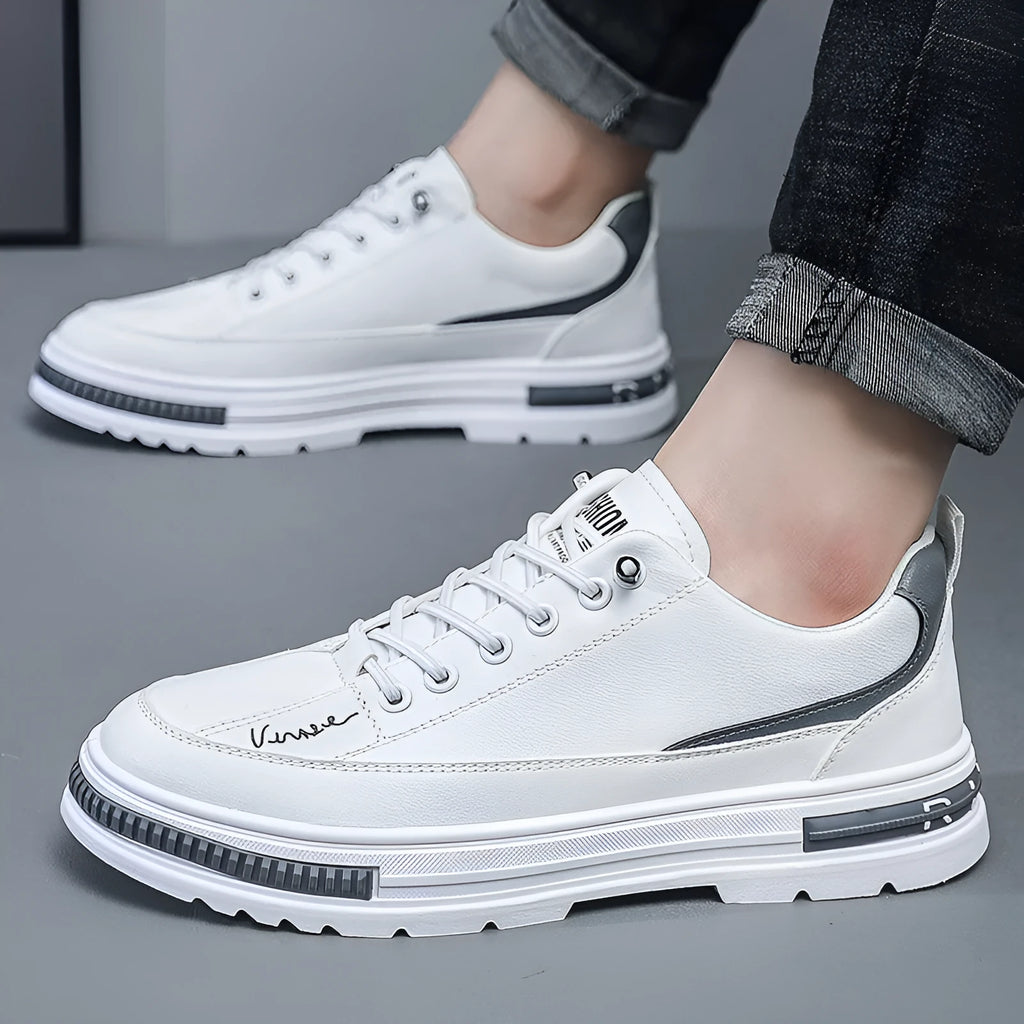 Men's white and black platform sneakers with elastic band closure and artificial PU upper
