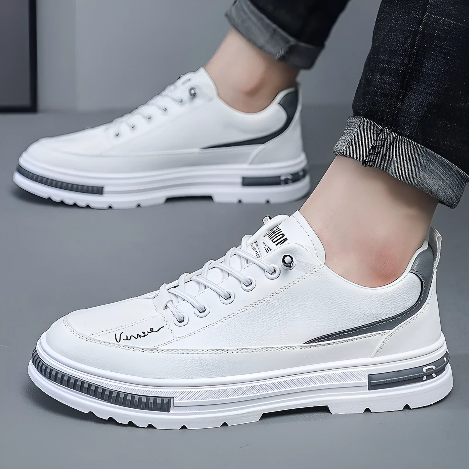 Men's white and black platform sneakers with elastic band closure and artificial PU upper