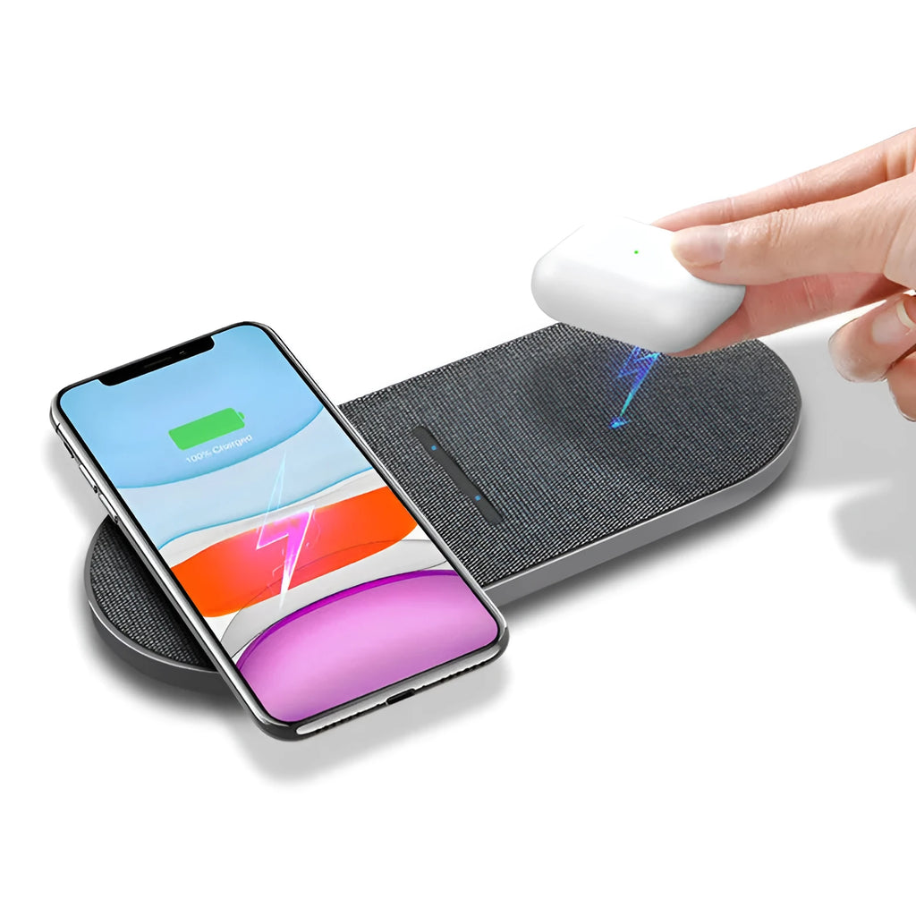 Black 10W wireless charger pair with Type-C and USB ports for dual device charging
