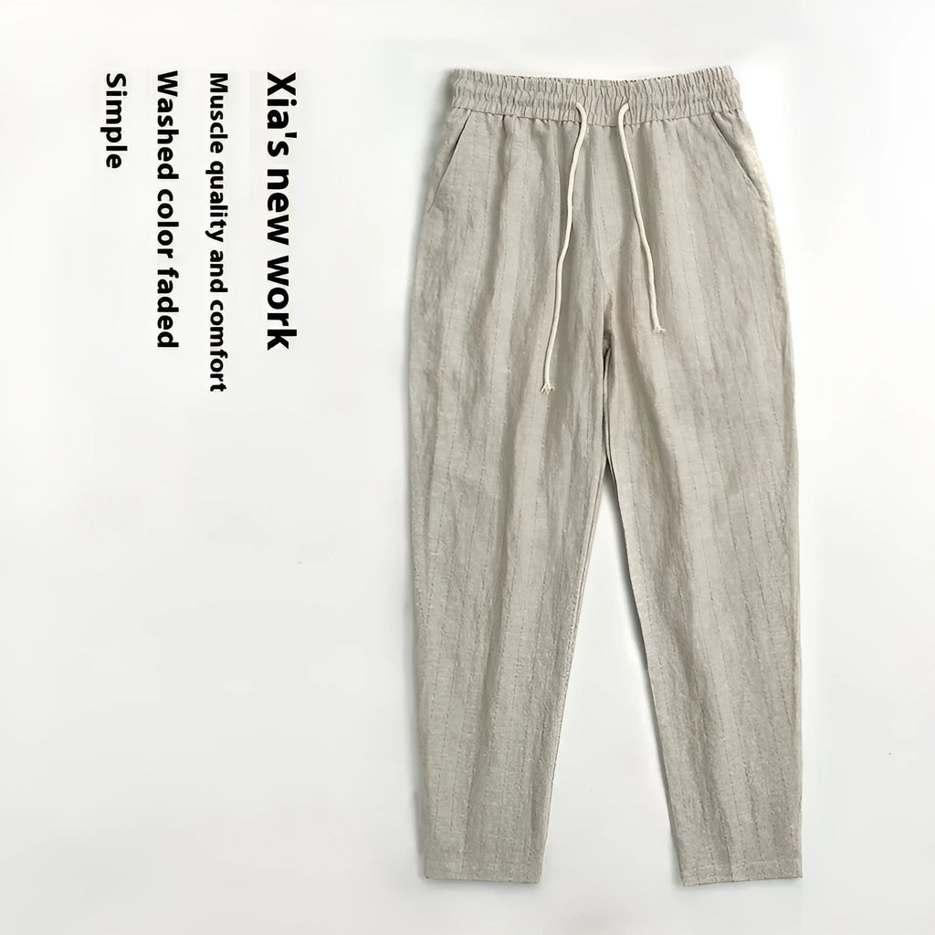 Men's linen summer casual trousers in striped patterns with cropped length and thin cotton linen fabric