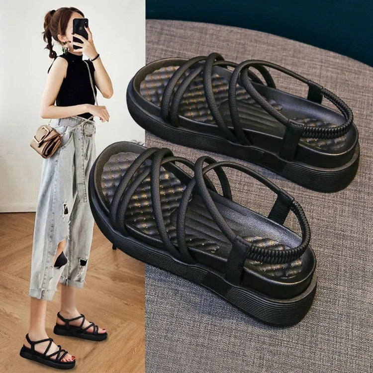 Women's Roman-style platform sandals in black and beige with PU upper and TPR sole