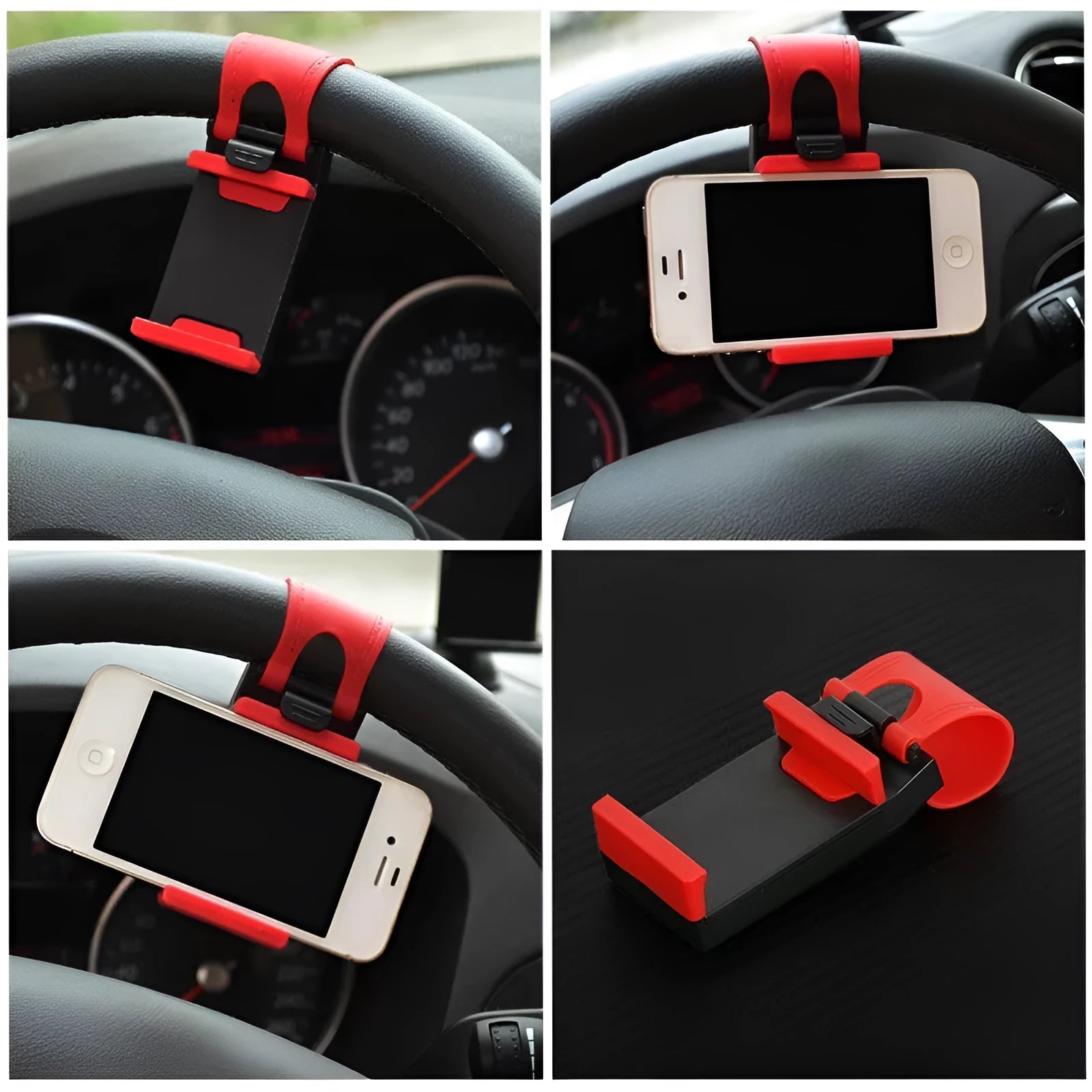 Black car steering wheel clip mount holder with mobile phone attached