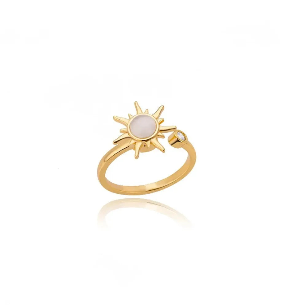 Adjustable copper decompression ring with geometric rotatable design in gold finish