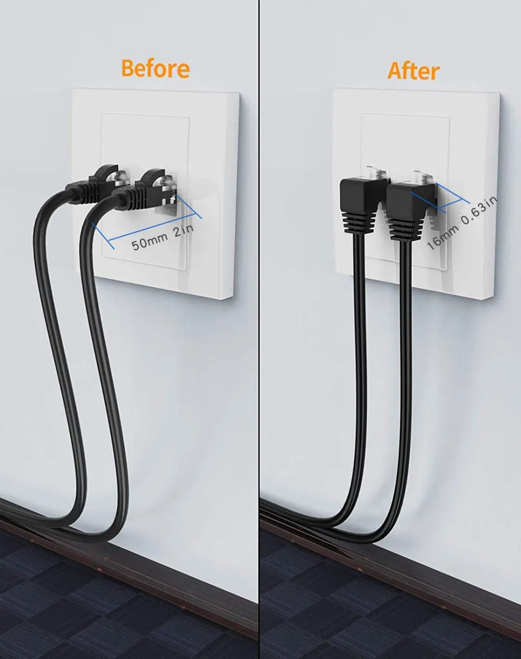 Cat6 Ethernet cable with a black right angle metal RJ45 connector on a grey background.