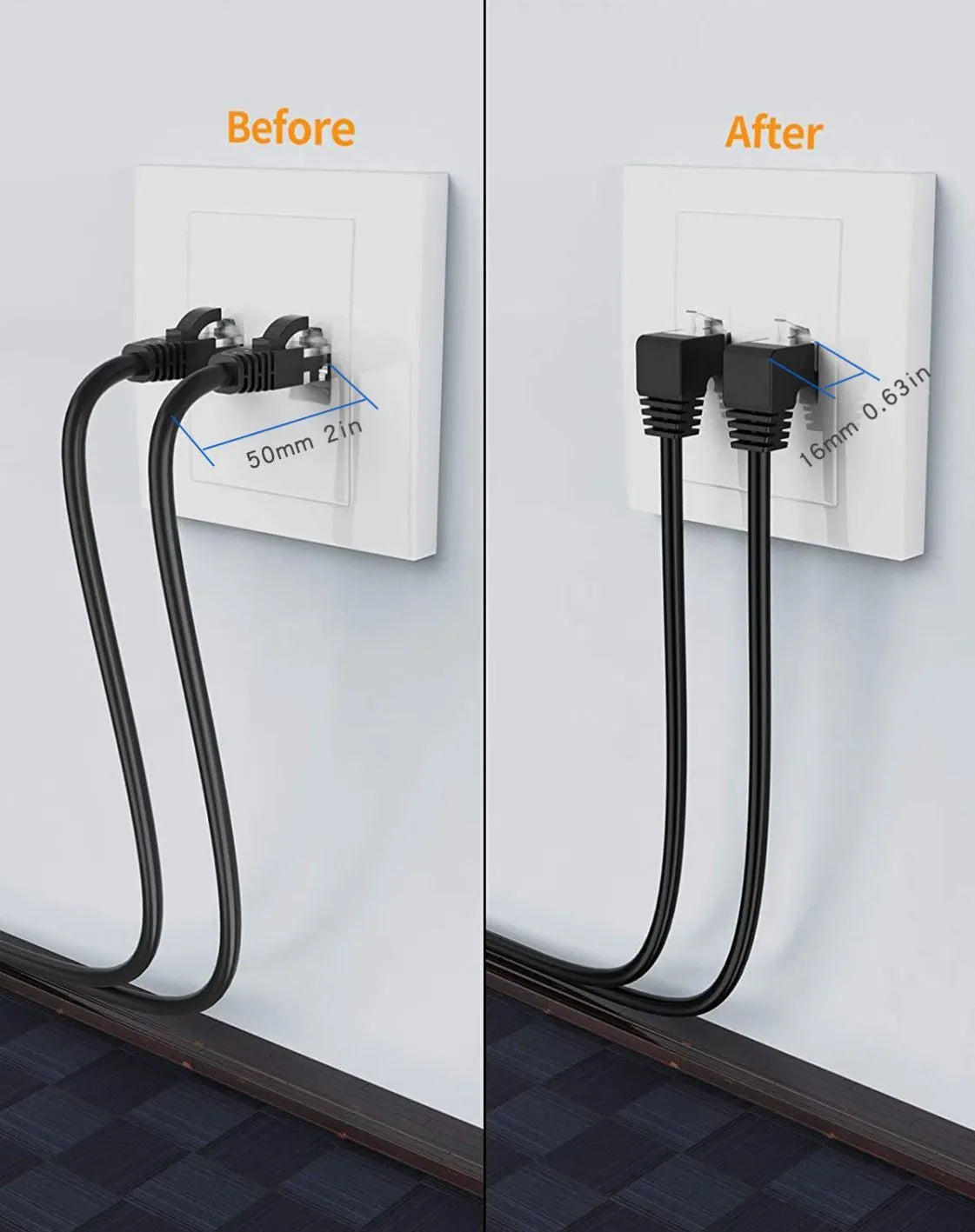 Cat6 Ethernet cable with a black right angle metal RJ45 connector on a grey background.