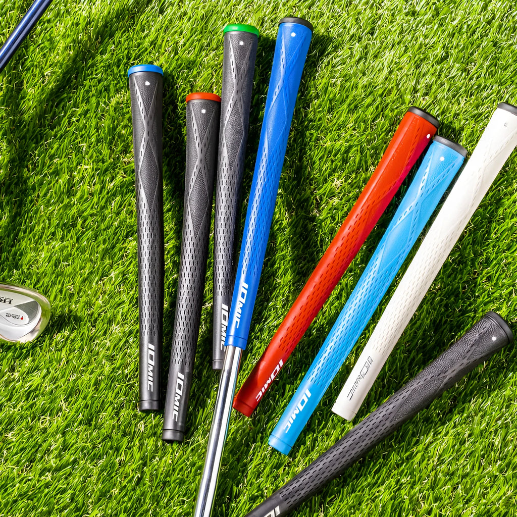 TPE golf club grip shown in a selection of available colours including pink, blue, and black with coloured head.