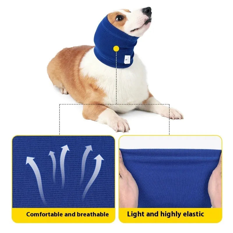 Blue and grey polyester dog comforter headband scarf shown in three adjustable sizes for canine companions