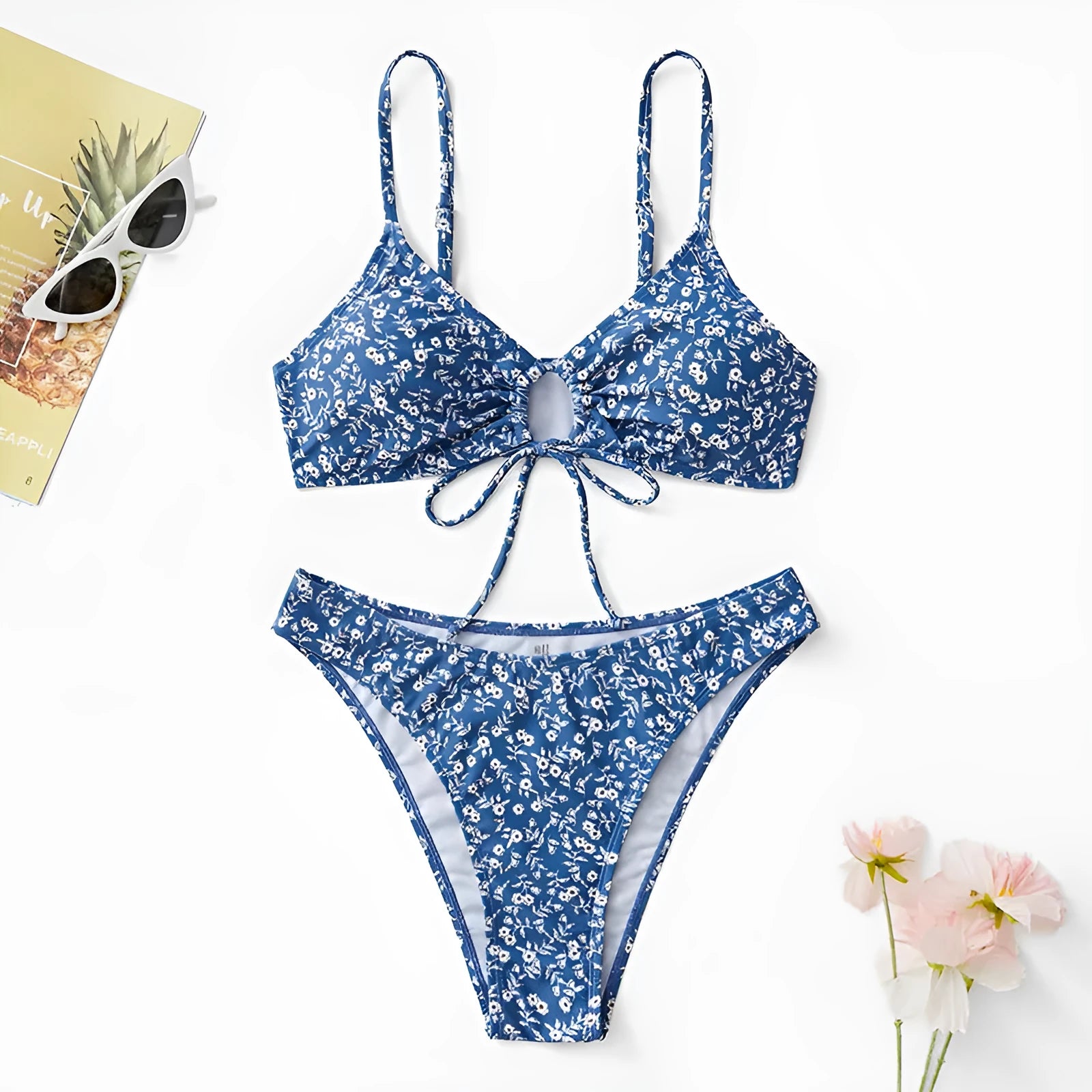Blue polyester swimsuit set with separate top and shorts for swimming, no steel rings