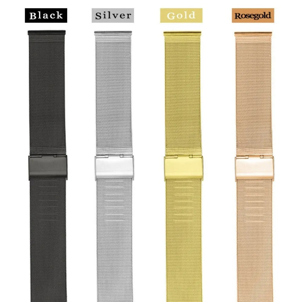 Milani silk woven stainless steel watch strap in silver, black, rose gold, and gold colours showing different width sizes.