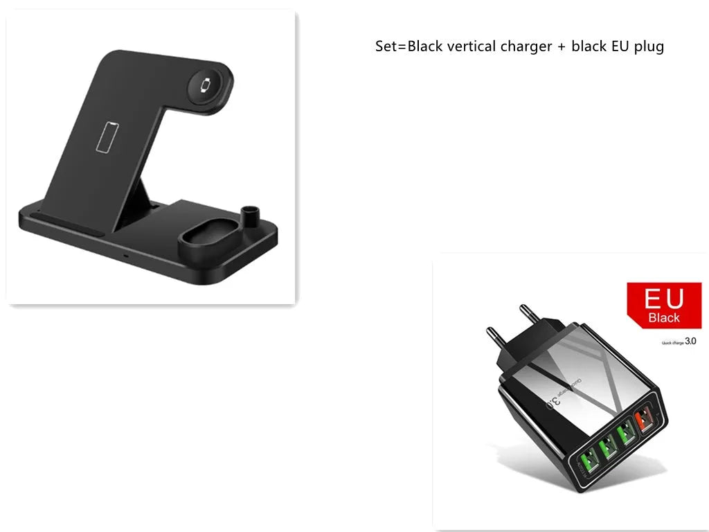4-in-1 adjustable wireless charging station showing phone, watch, earbuds and pencil charging on a desk.