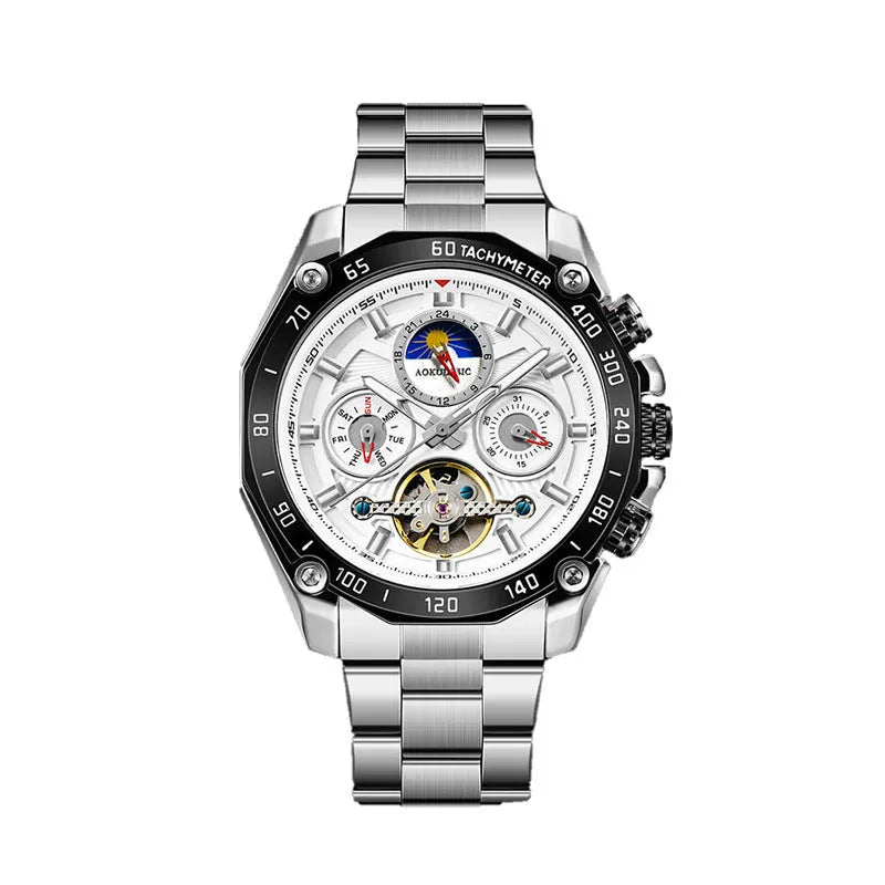 Men's automatic mechanical watch on wrist showing silver metal case and black dial.