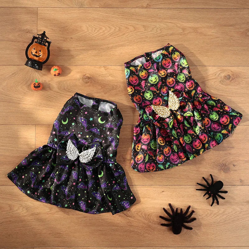 Halloween dog costume with angel wings in bright pumpkin or bat pattern for pet dress-up