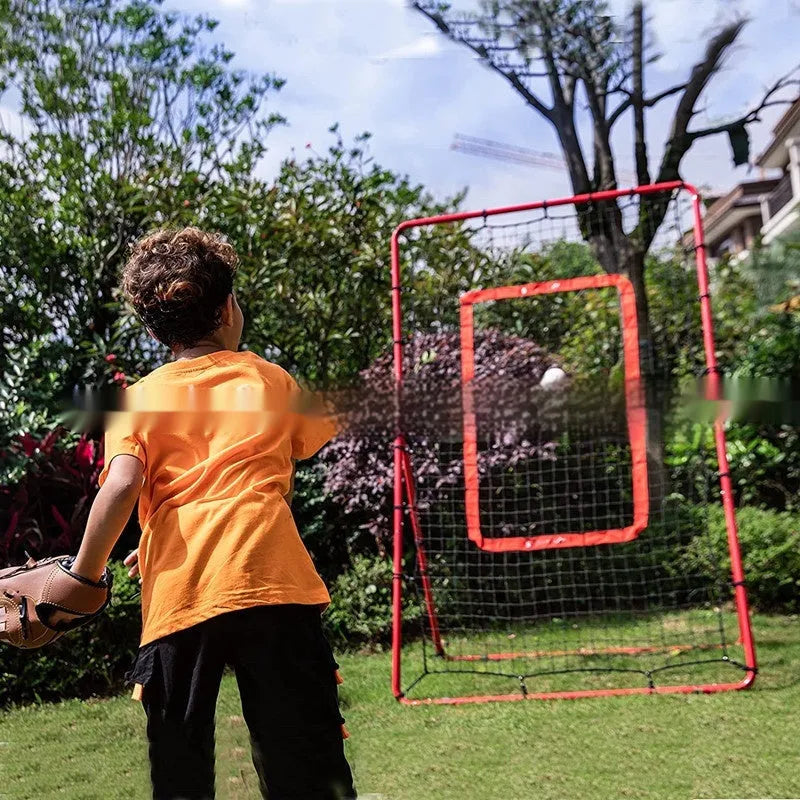 Red portable ball training net with metal frame set up for practice