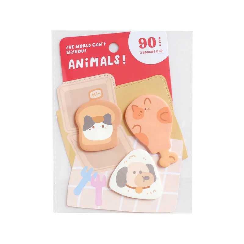 Animal-shaped sticky note set showing six cute designs including bunny, kitten, puppy and sea otter themes