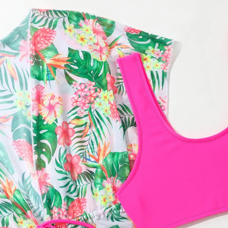 Girls' floral pattern two-piece swimsuit with overclothes in Korean style